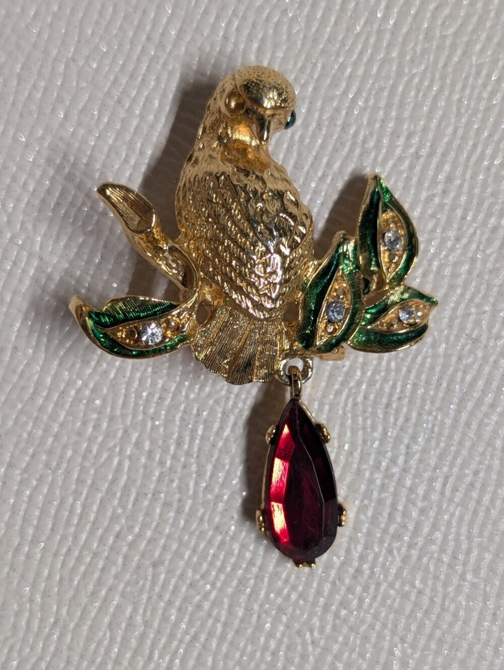Gold Parrot Brooch with Green Leaves and Red Teardrop Gem